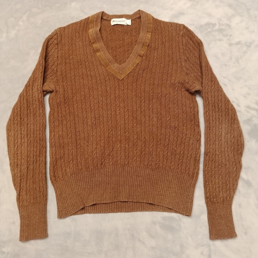 Vintage Kaufmans Sweater Men L Brown Silk Wool V-Neck Cable Knit PulloverMontana
